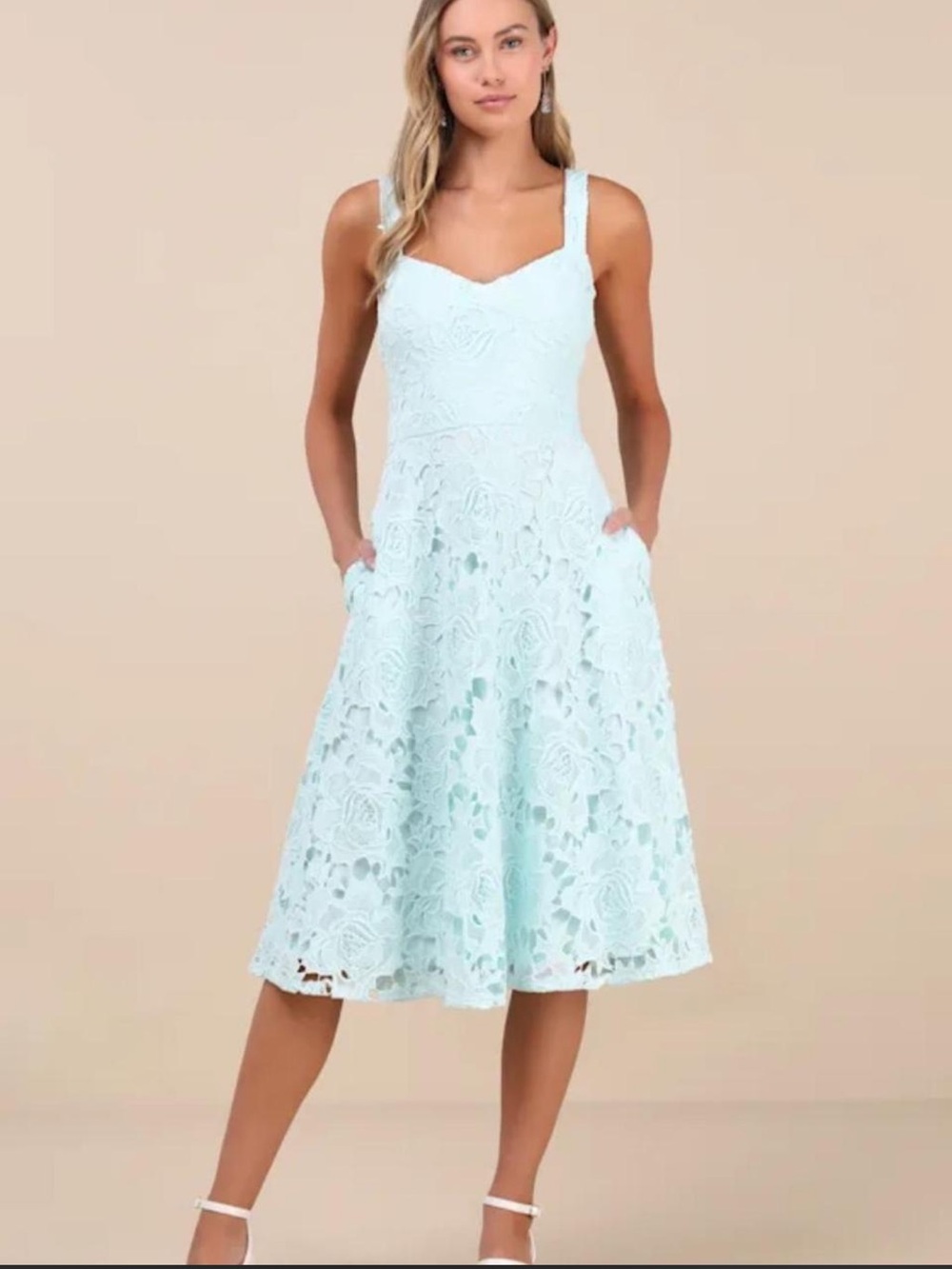 Lulus Divine Beauty Mint Blue Lace Midi Dress With Pockets